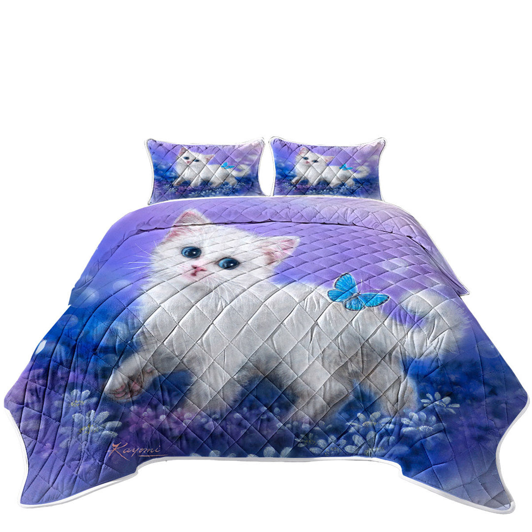King Size Bedspreads with Purplish Garden White Kitten and Butterfly