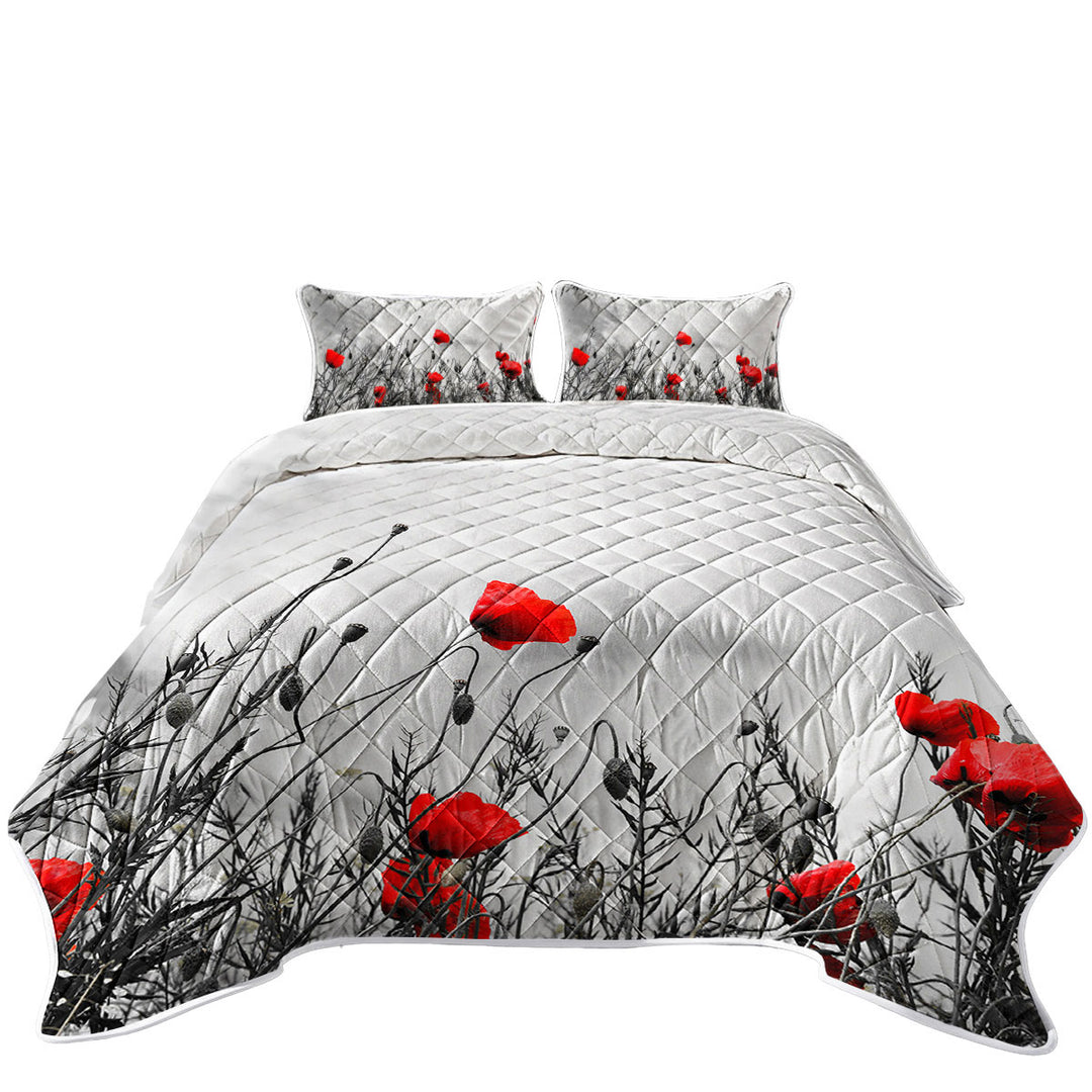 King Size Bedspreads with Red Poppies over Black and White
