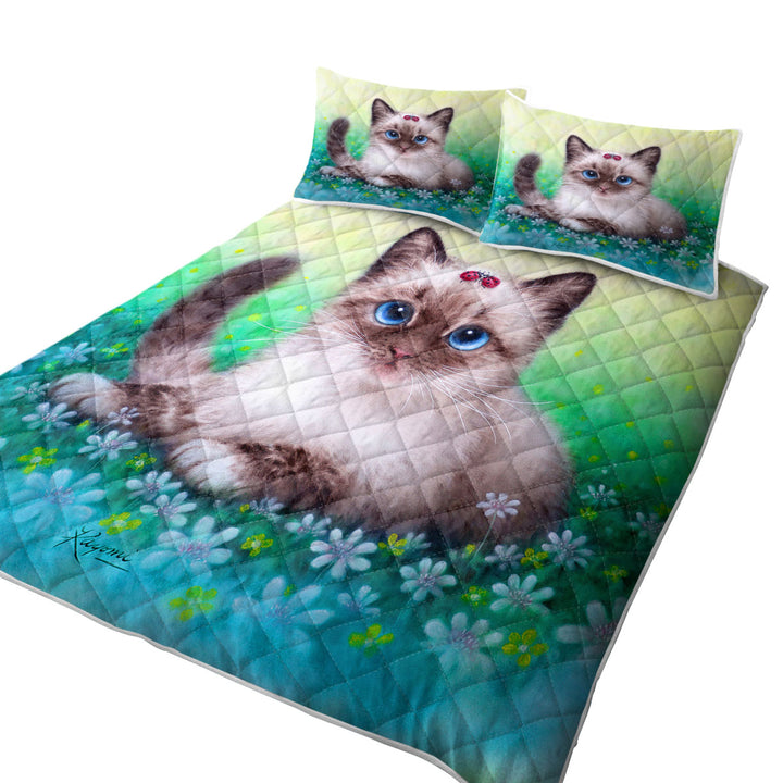 King Size Bedspreads with Stunning Cat Painting Ladybugs and Kitten