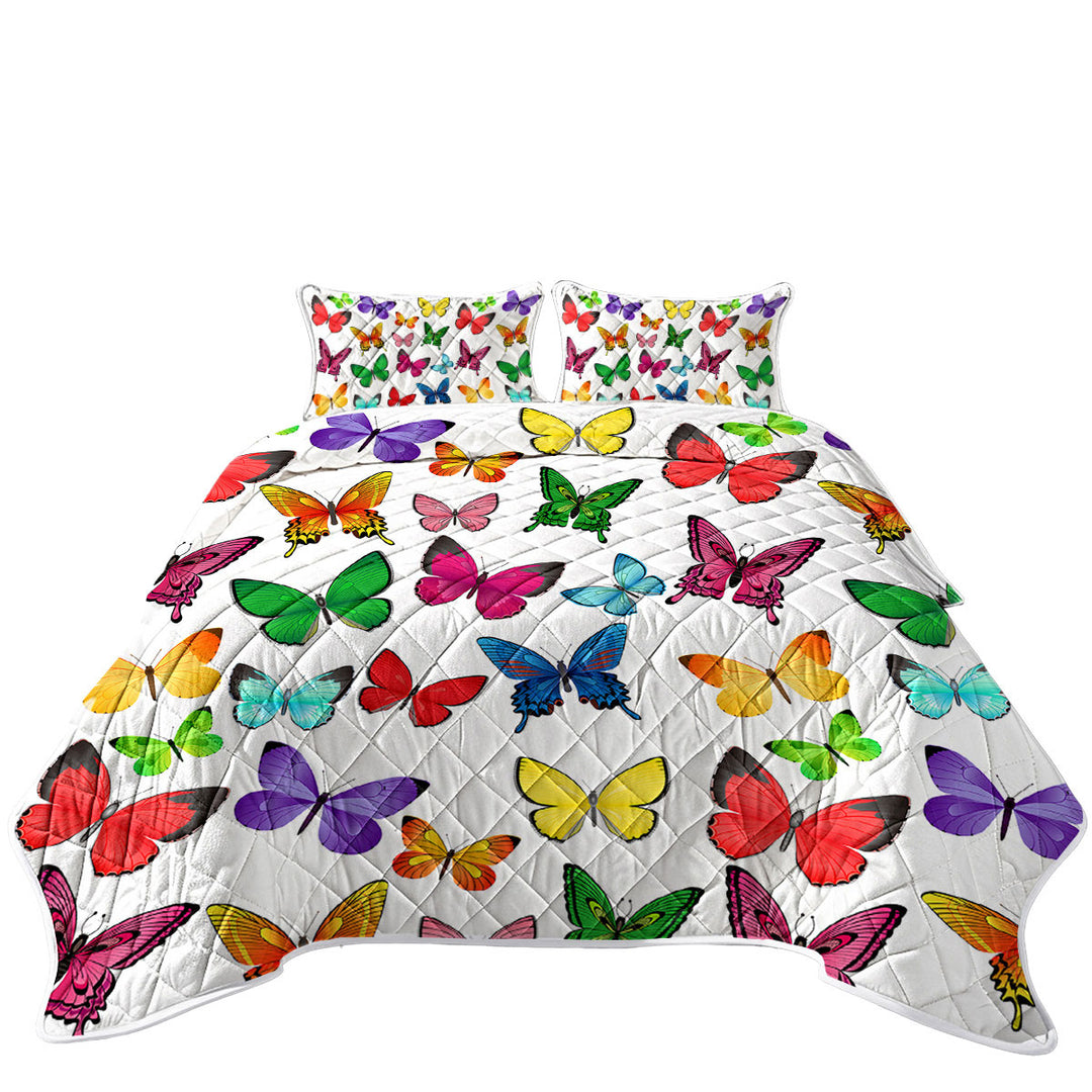 King Size Bedspreads with White Back Vivid Colored Butterflies