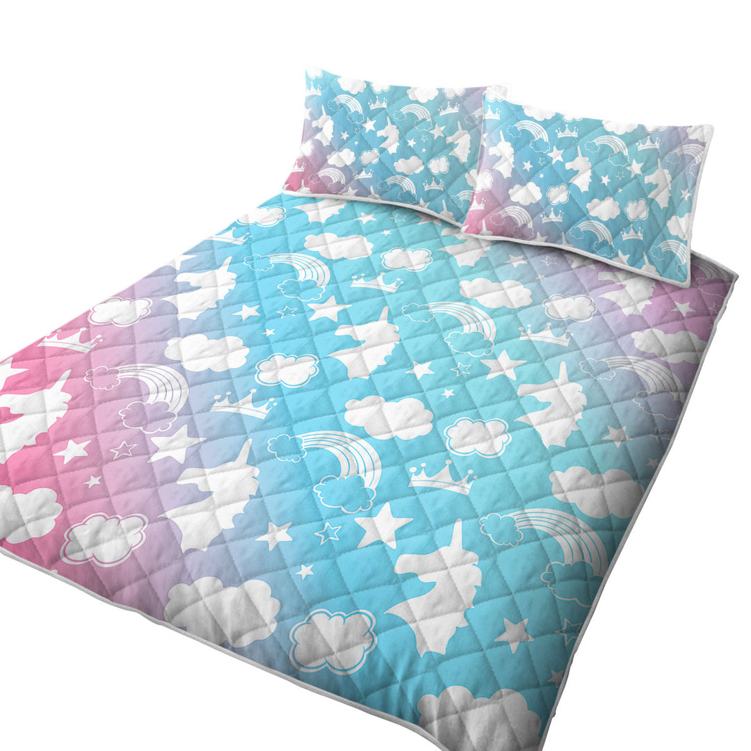 King Size Bedspreads with White Silhouettes Clouds and Unicorns