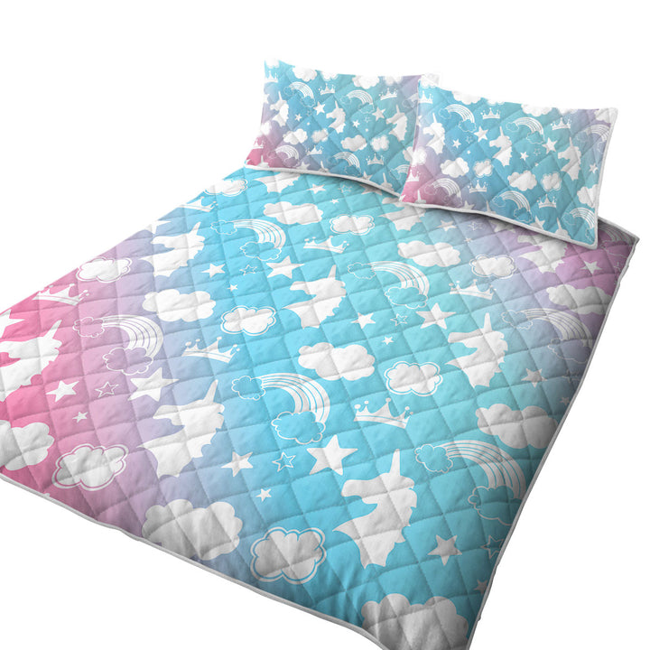 King Size Bedspreads with White Silhouettes Clouds and Unicorns