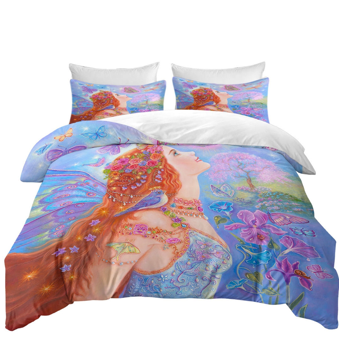King Size Duvet Cover with Colorful Fairy Art Butterflies and Flowers