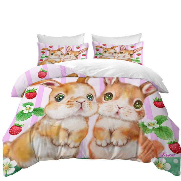 King Size Duvet Cover with Cute Kids Art Designs Bunnies and Strawberries