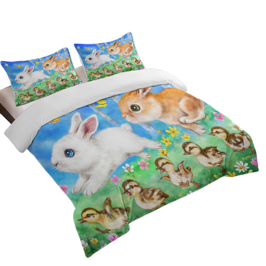 King Size Duvet Cover with Cute Kids Art Designs Ducklings and Bunnies