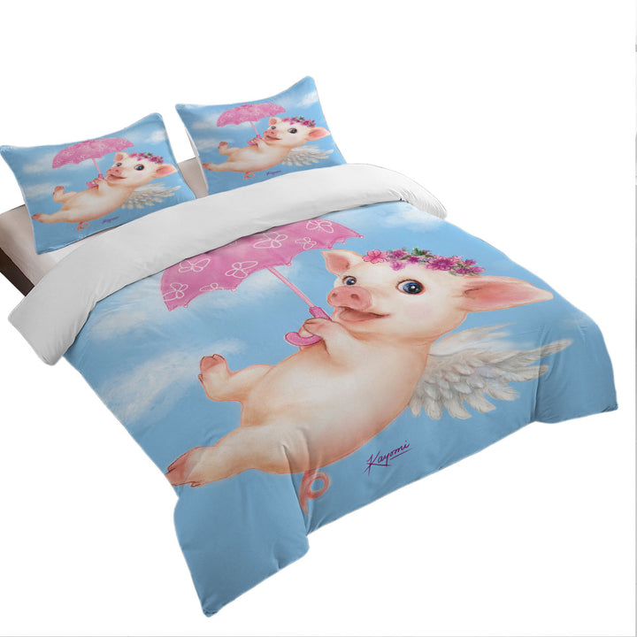 King Size Duvet Cover with Cute Kids Design Pink Umbrella Angel Pig