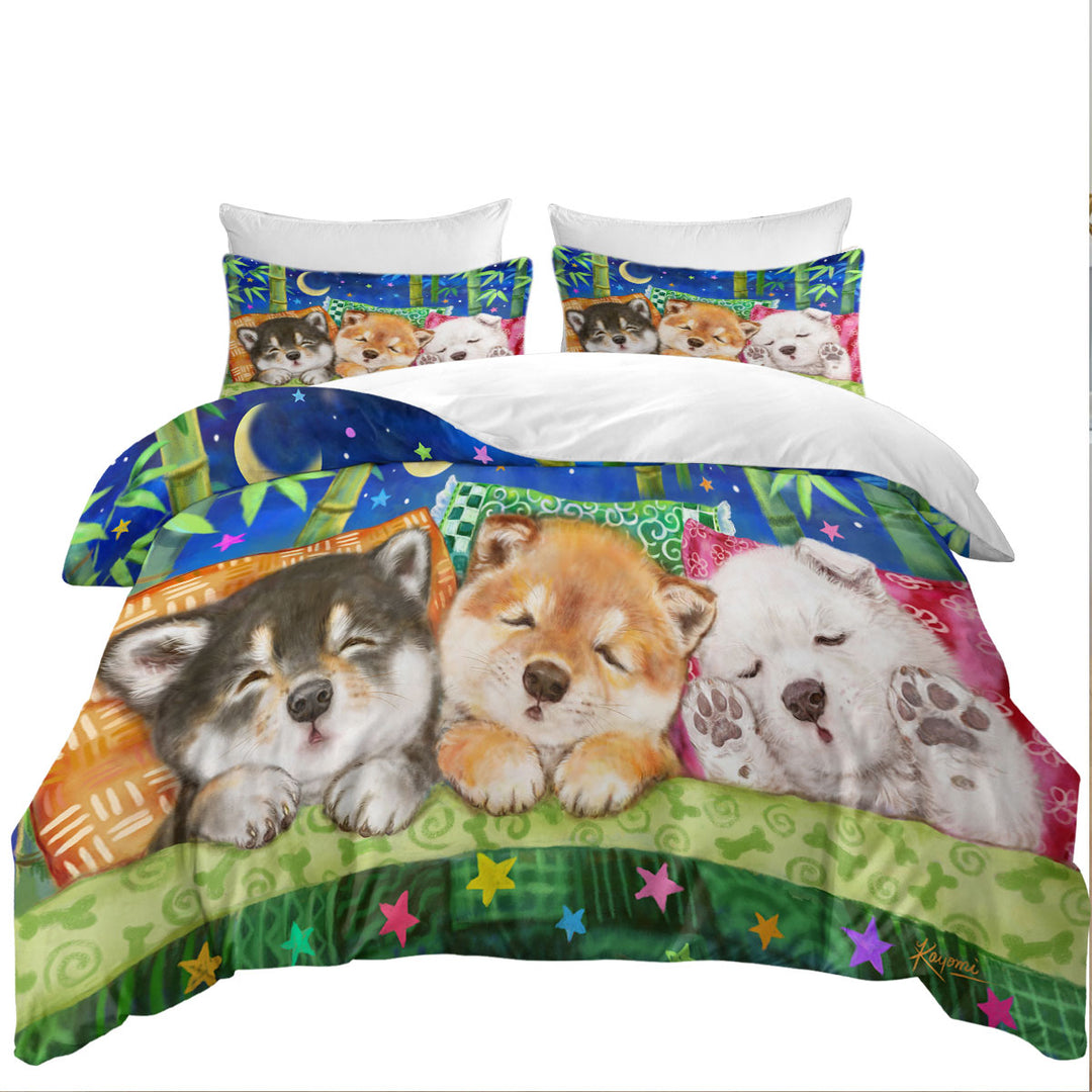 King Size Duvet Cover with Cute Shiba Inu Dog Puppies Sleeping