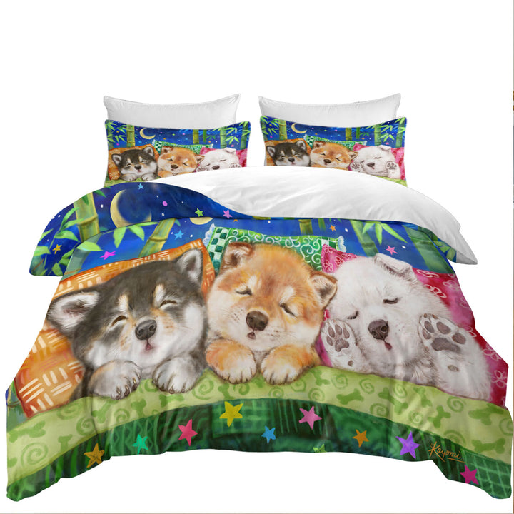 King Size Duvet Cover with Cute Shiba Inu Dog Puppies Sleeping