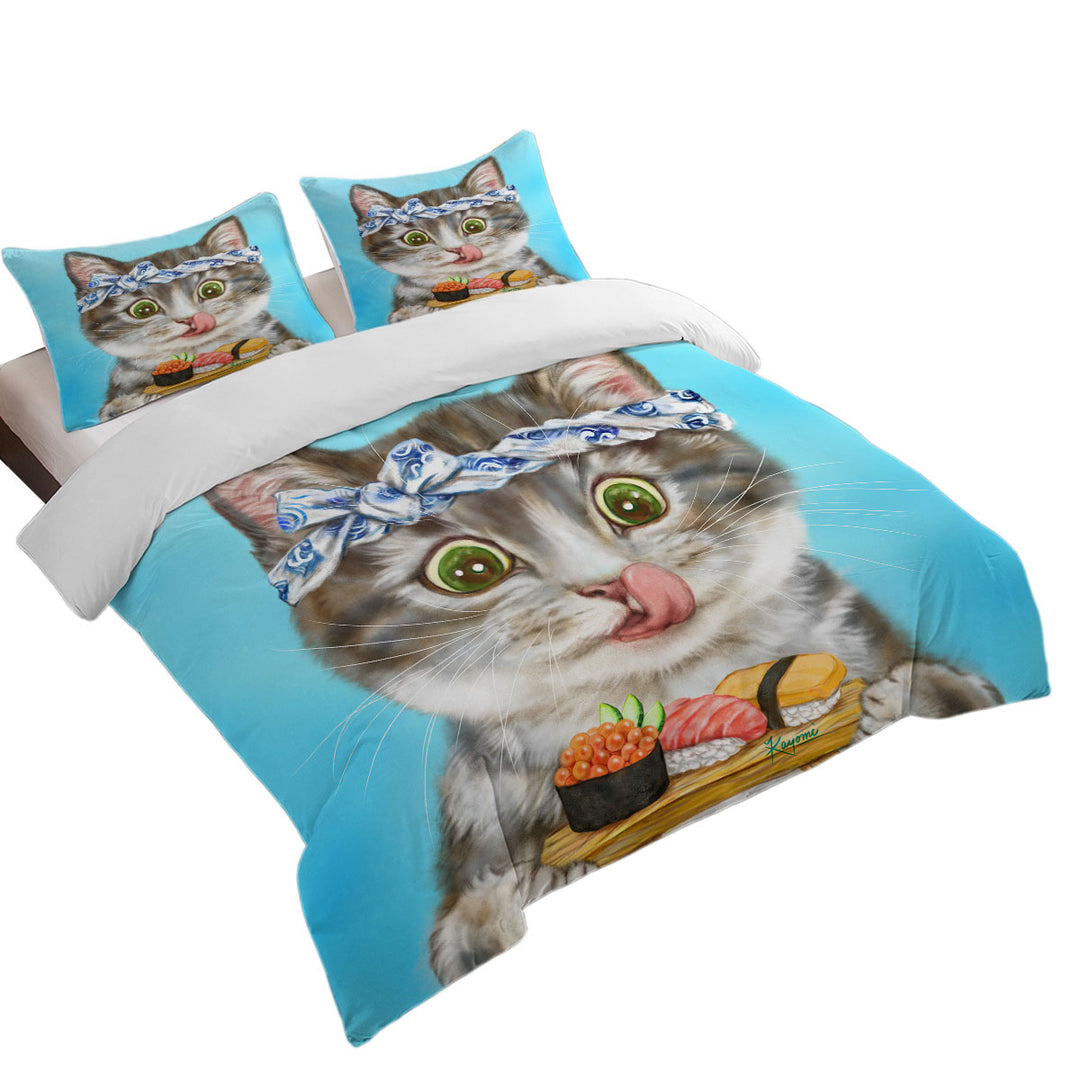 King Size Duvet Cover with Funny Cats Paintings Sushi Lover Kitten