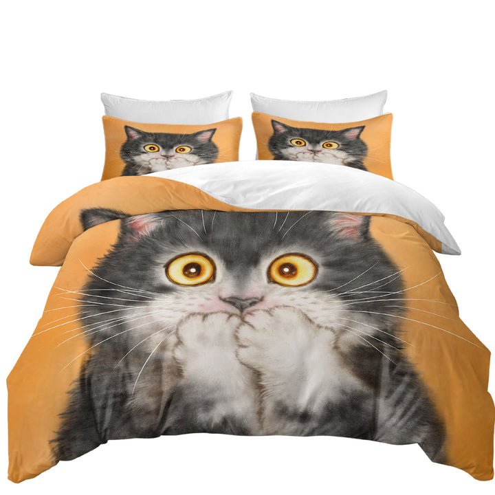 King Size Duvet Cover with Funny Painted Cats Grey Kitten in Shock
