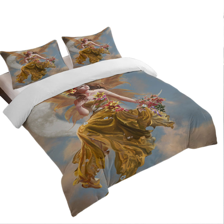 King Size Duvet Cover with Gorgeous Earth Moon and Flowers Fairy