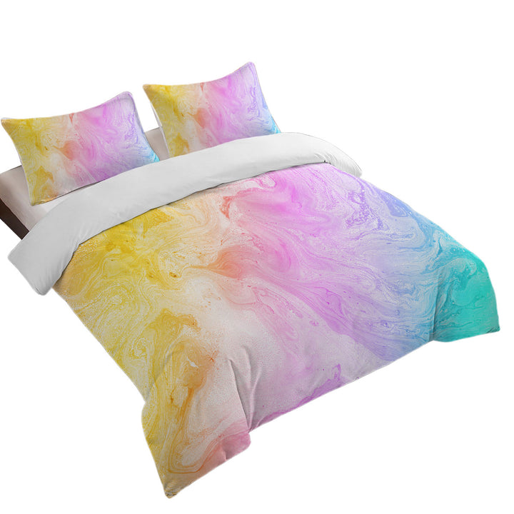 King Size Duvet Cover with Multi Colored Pastel Yellow Purple Blue Marble