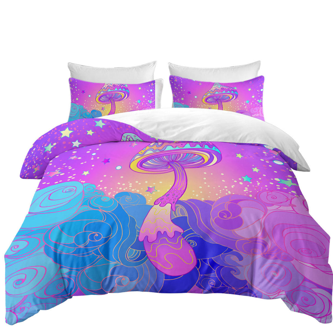 King Size Duvet Cover with Purple Stars and Mushroom