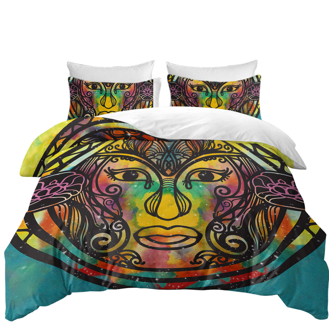 King Size Duvet Cover with Spiritual Oriental God Face over Space