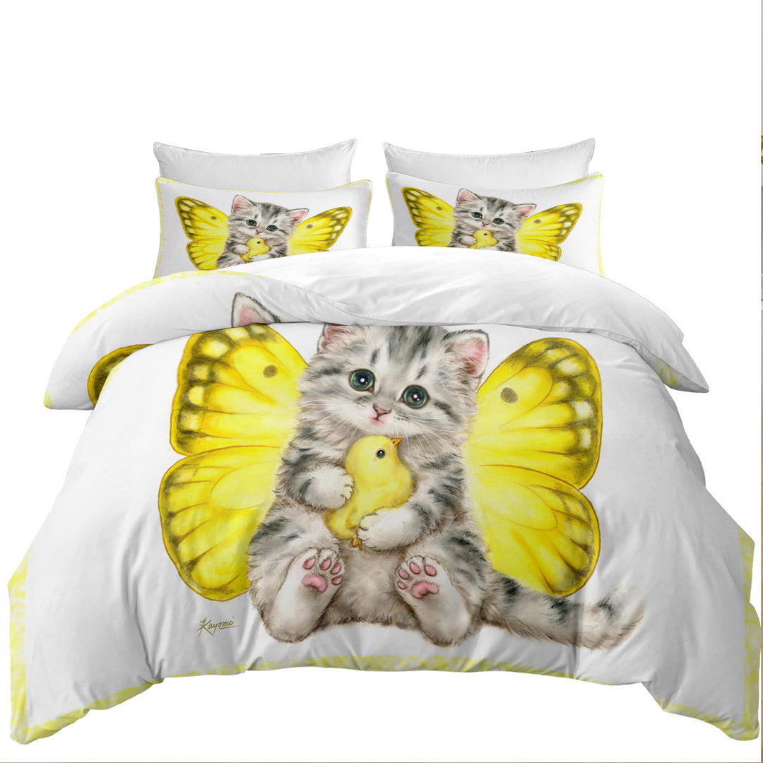King Size Duvet Cover with Sweet Yellow Butterfly Kitten and Chick