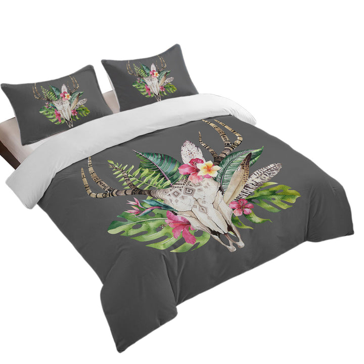 King Size Duvet Cover with Tropical Flowers and Leaves Deer Skull