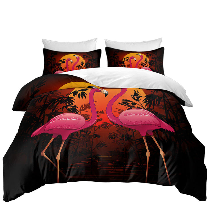King Size Duvet Cover with Tropical Sunset Flamingos