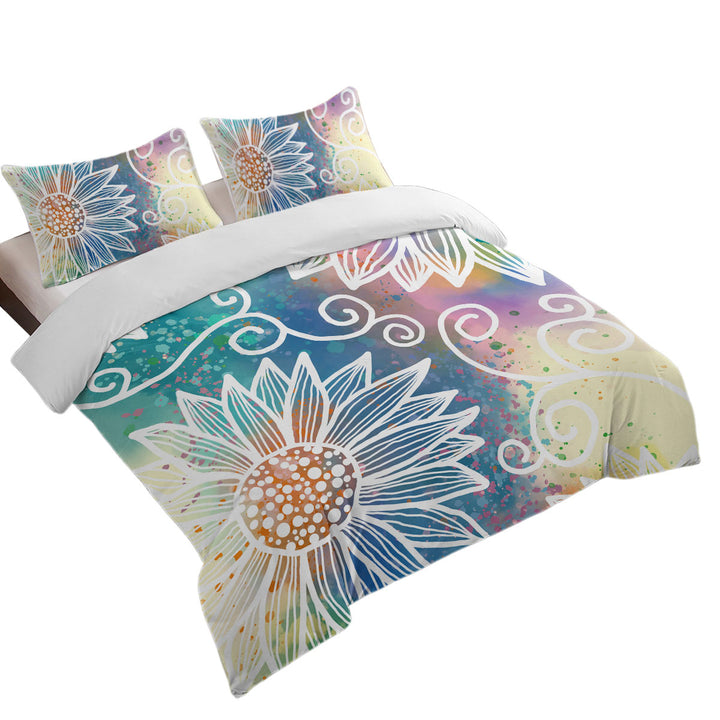 King Size Duvet Cover with White Flower Drawings over Colorful Background