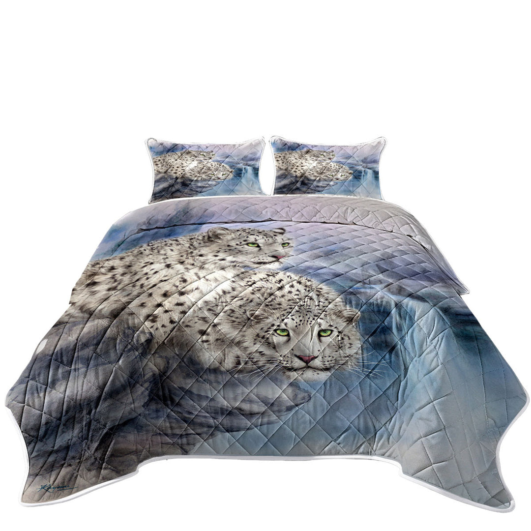 King Size Quilt Sets with Animal Art Nature Rocky Adventure White Leopards