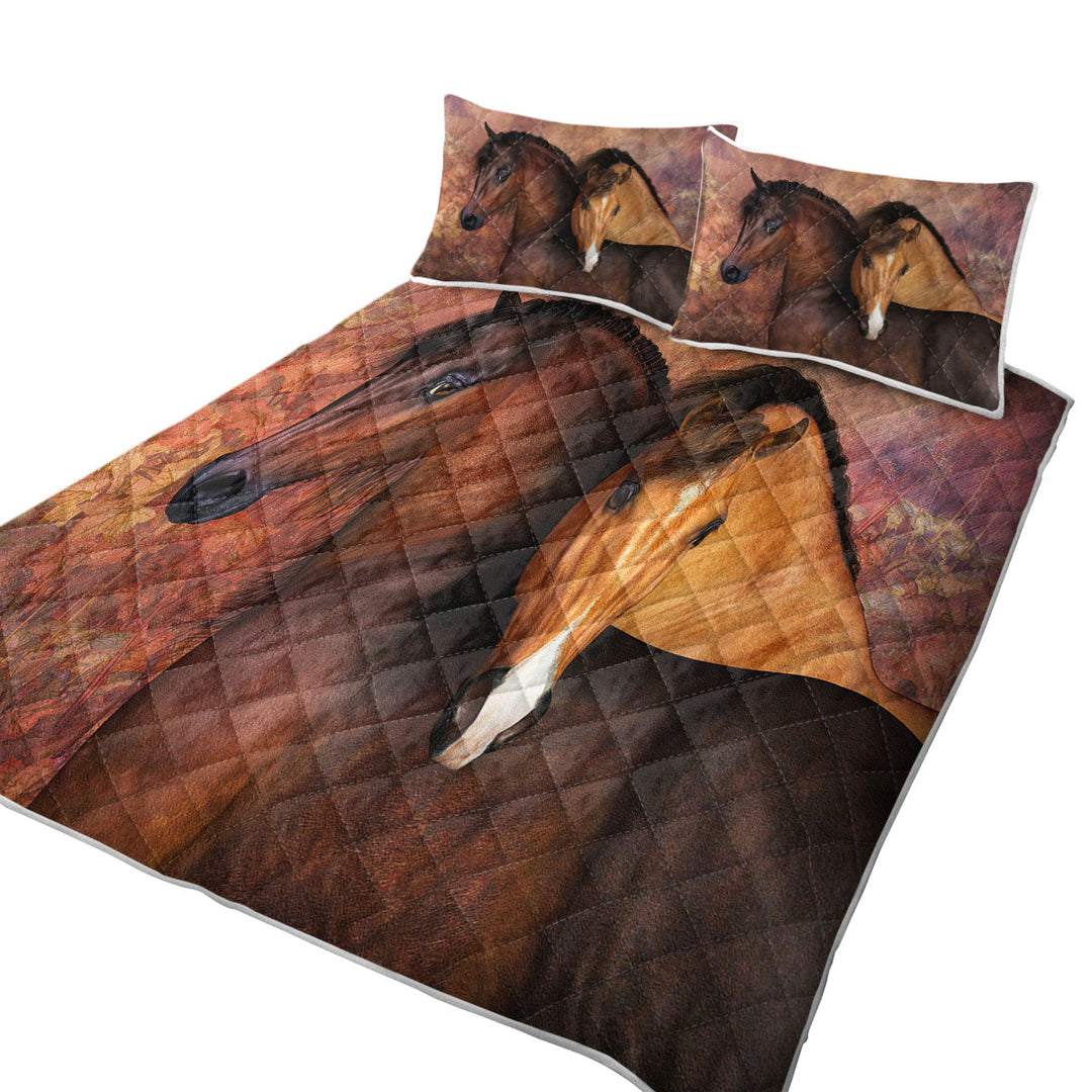 King Size Quilt Sets with Autumn Colors Two Cute Horses Art