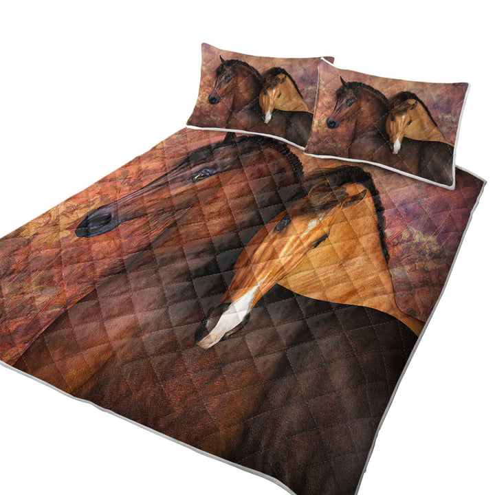 King Size Quilt Sets with Autumn Colors Two Cute Horses Art