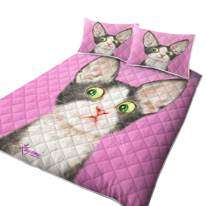 King Size Quilt Sets with Big Ears Girly Kitty Cat over Pink