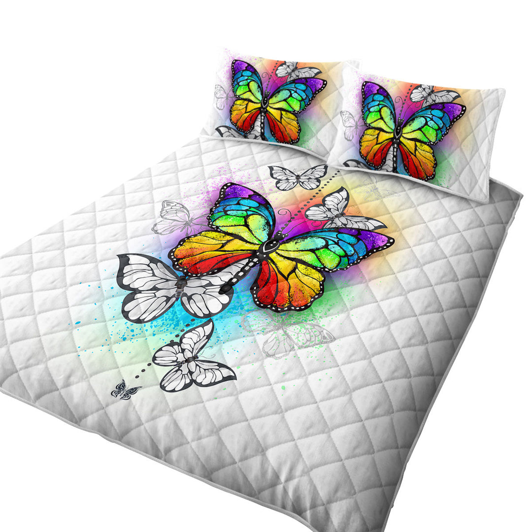 King Size Quilt Sets with Black White and Rainbow Butterflies