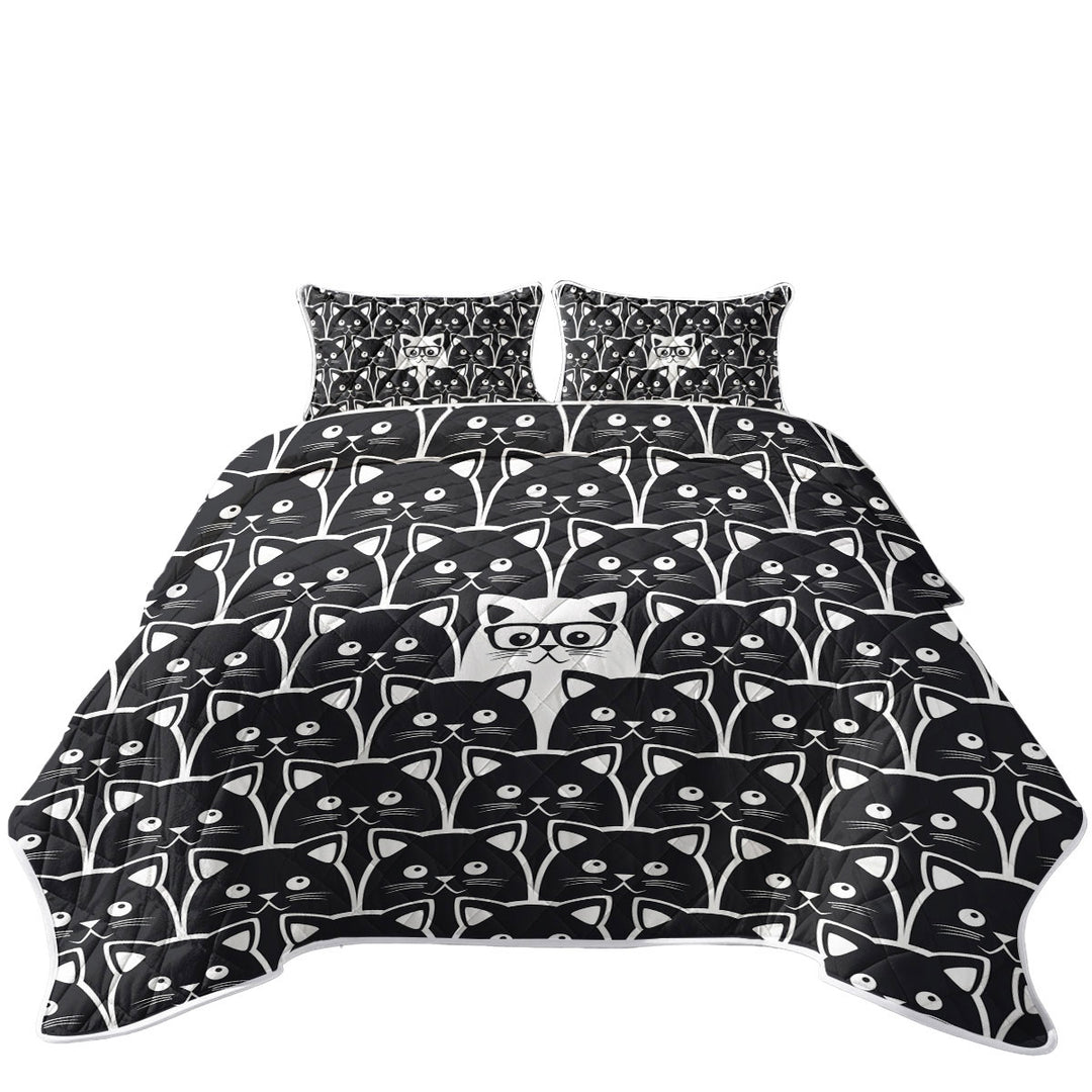 King Size Quilt Sets with Black and White Funny Cats Print