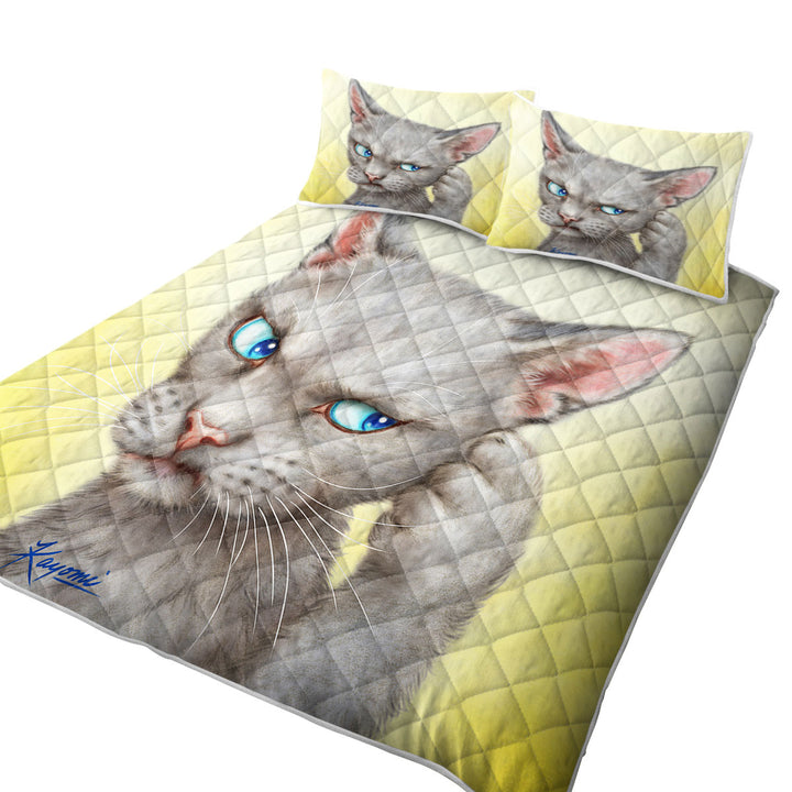 King Size Quilt Sets with Blue Eyes Grey Kitty Cat Over Yellow