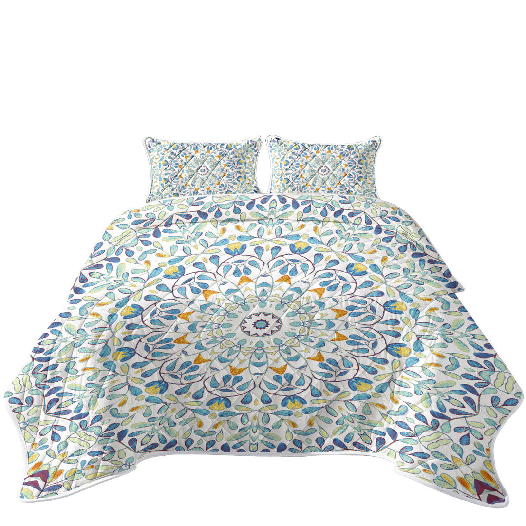 King Size Quilt Sets with Blue Green Orange Leaf Circle
