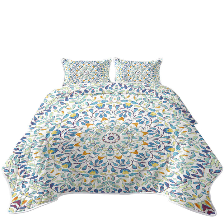 King Size Quilt Sets with Blue Green Orange Leaf Circle