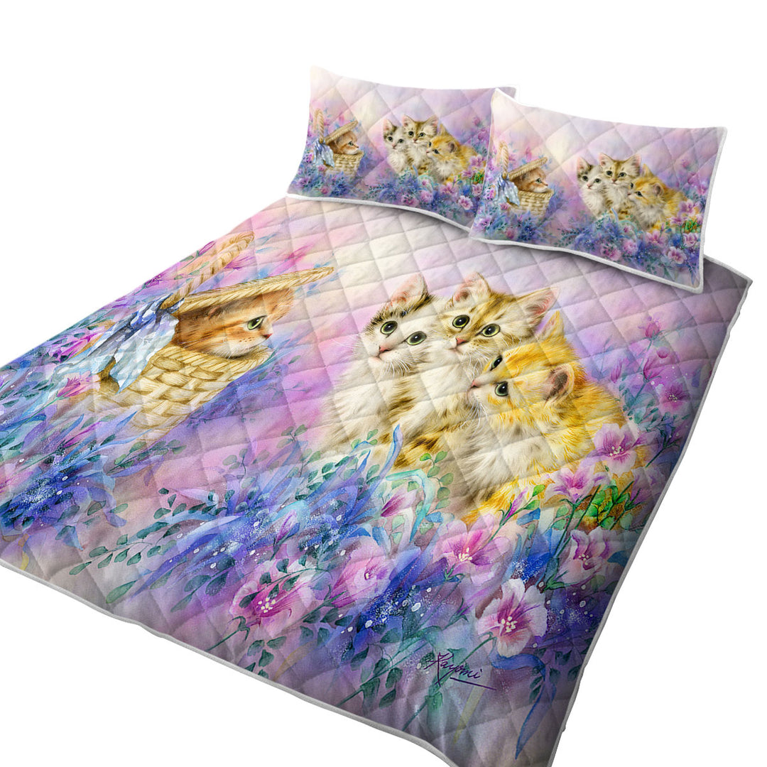 King Size Quilt Sets with Cats Art Adorable Cute Kittens in Flower Garden