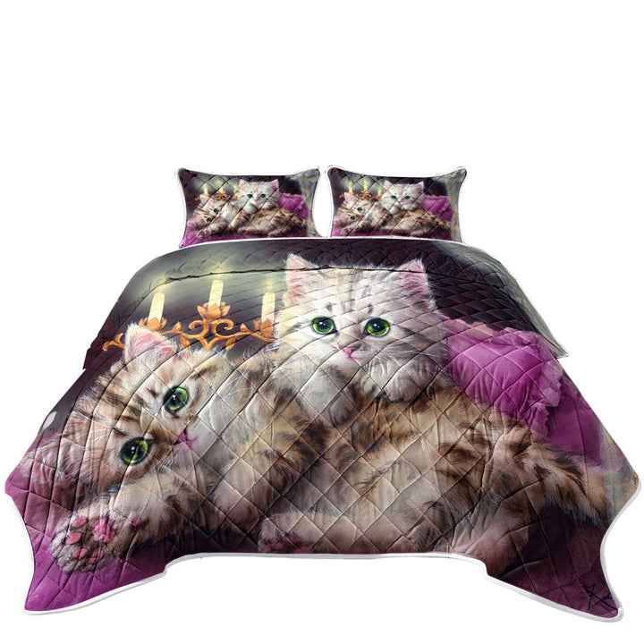 King Size Quilt Sets with Cats Art Paintings Candle Night Kittens
