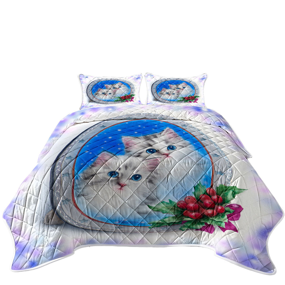 King Size Quilt Sets with Christmas Design Cute Kittens Holiday Portrait