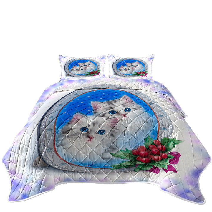 King Size Quilt Sets with Christmas Design Cute Kittens Holiday Portrait