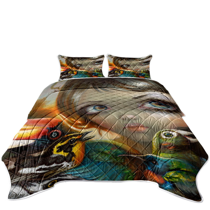 King Size Quilt Sets with Colorful Art Birdsong Beautiful Maiden and Birds