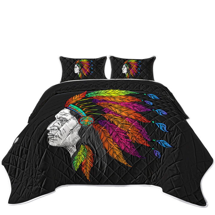 King Size Quilt Sets with Colorful Feathers on a Tough Native American Chief