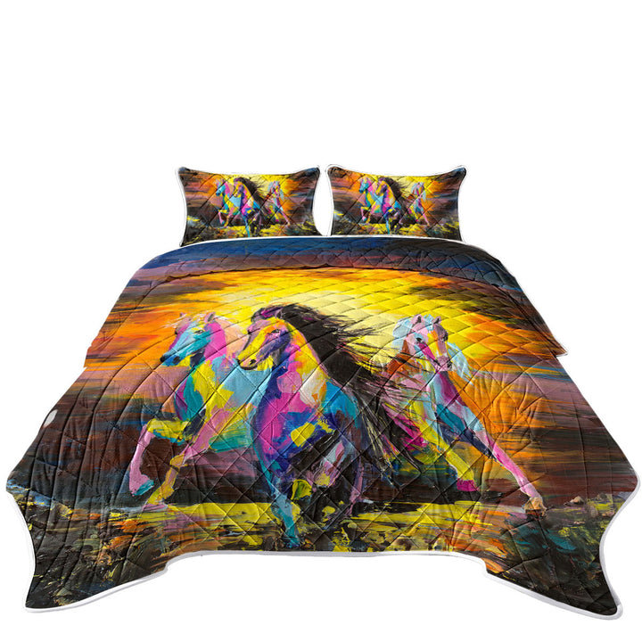 King Size Quilt Sets with Colorful Horses Art Painting