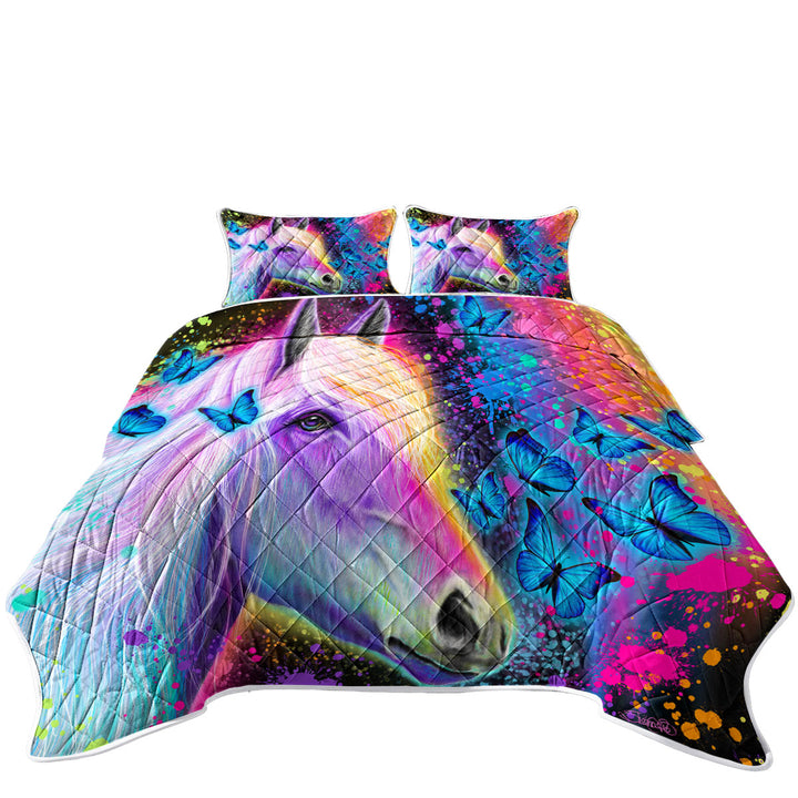 King Size Quilt Sets with Colorful Neon Rainbow Horse and Butterflies