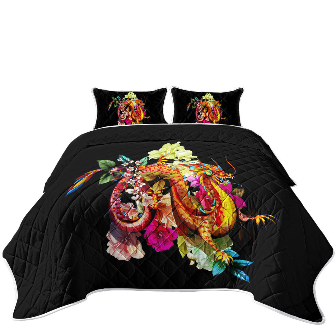 King Size Quilt Sets with Cool Floral Red Dragon