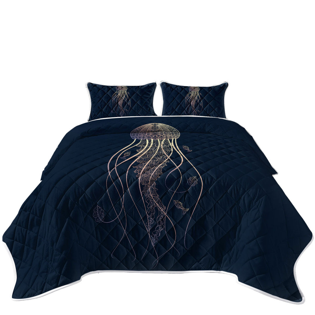 King Size Quilt Sets with Cool Glowing Golden Jellyfish