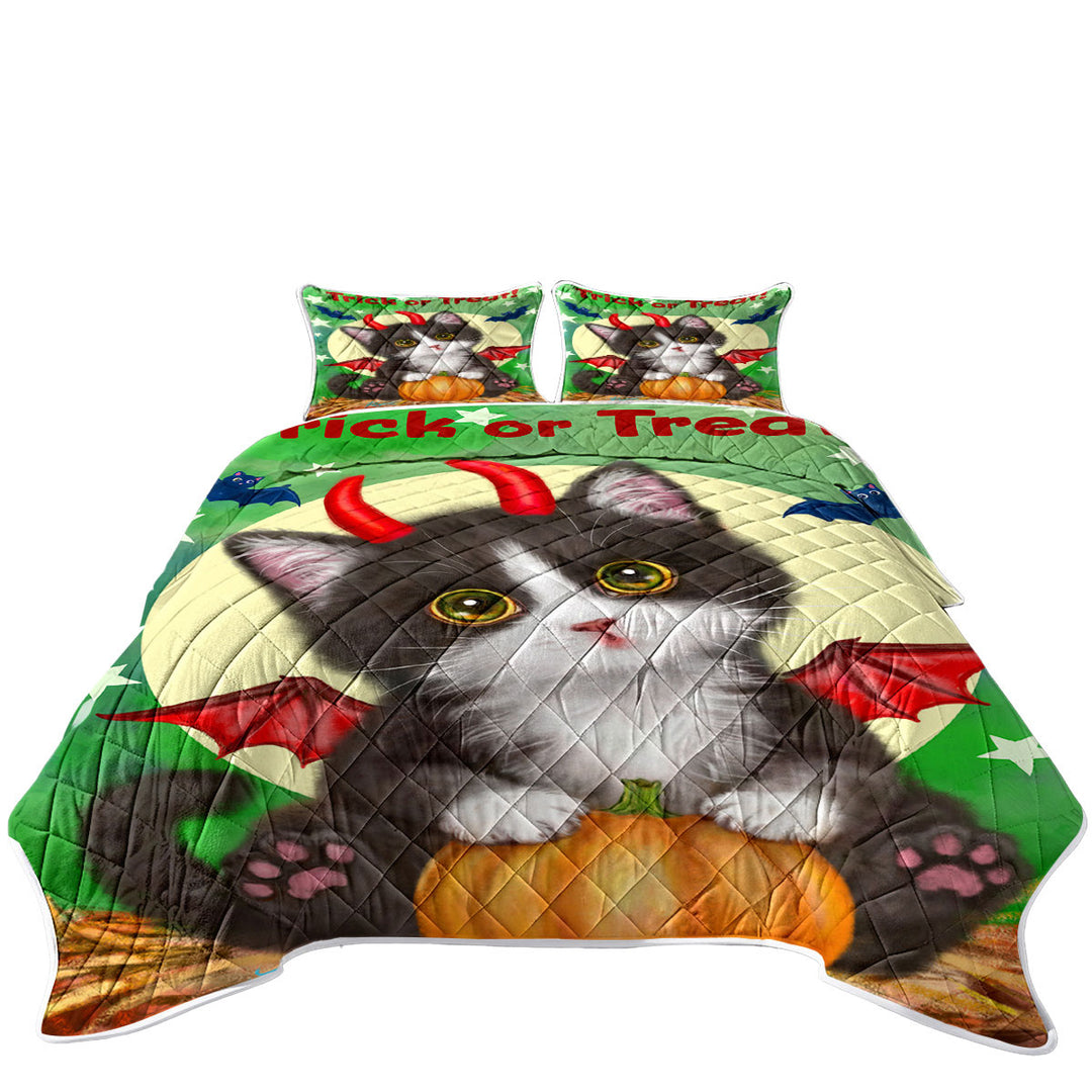 King Size Quilt Sets with Cute Cat Design for Halloween Devil Kitten