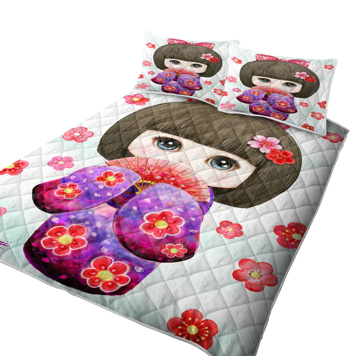 King Size Quilt Sets with Cute Japanese Girl Wearing Kimono and Folding Fan