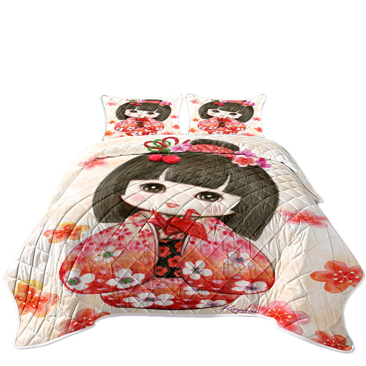 King Size Quilt Sets with Cute Japanese Girl Wearing Red Kimono