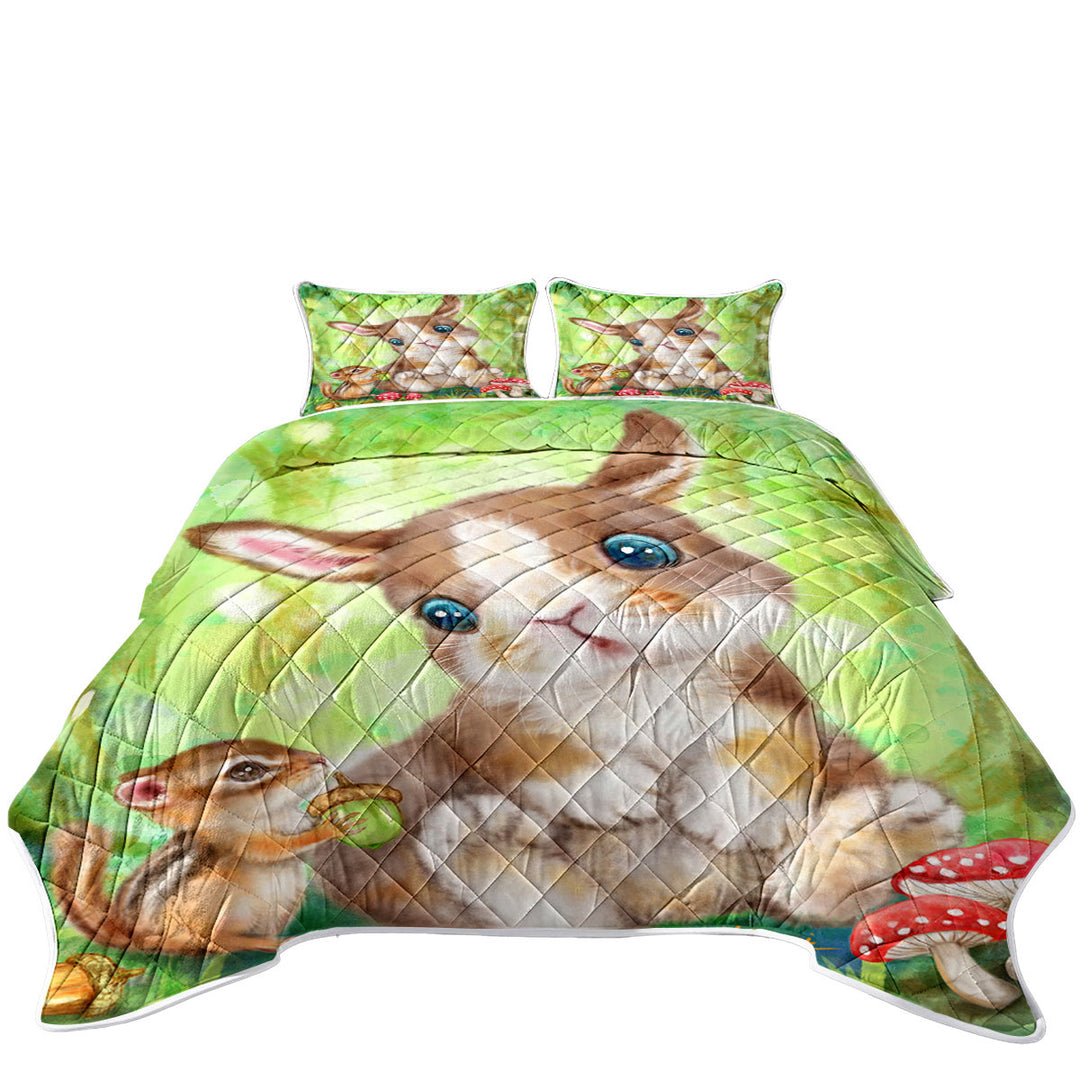 King Size Quilt Sets with Cute Kids Drawings Mushrooms Bunny and Chipmunk