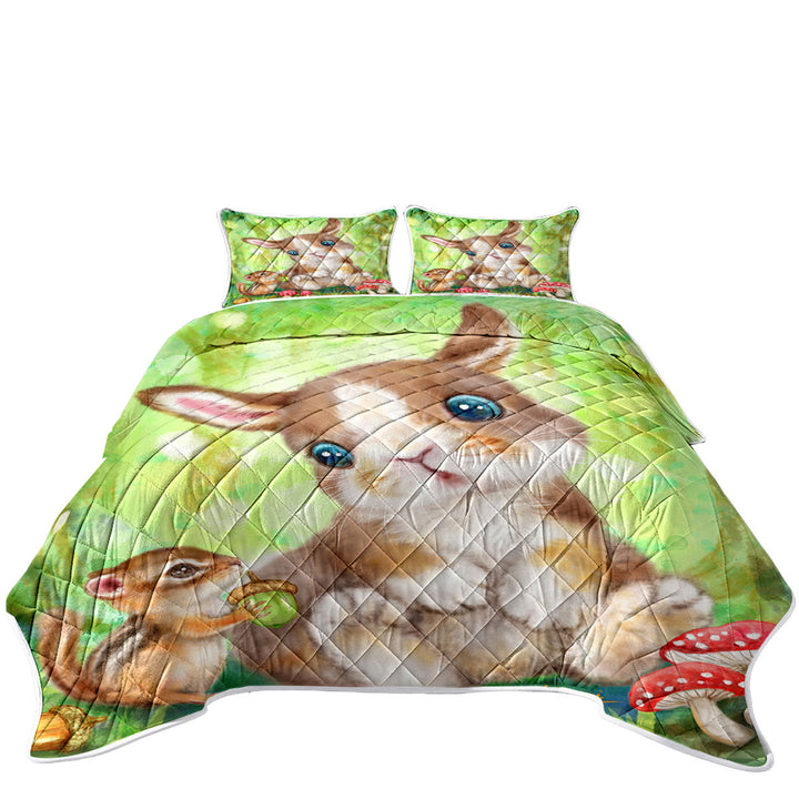 King Size Quilt Sets with Cute Kids Drawings Mushrooms Bunny and Chipmunk