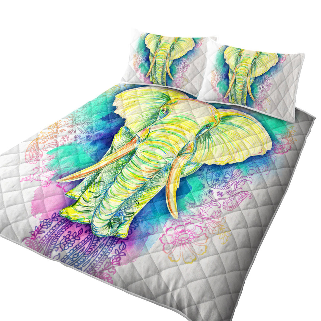 King Size Quilt Sets with Elephant Drawing over Oriental Flowers