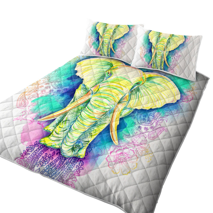 King Size Quilt Sets with Elephant Drawing over Oriental Flowers