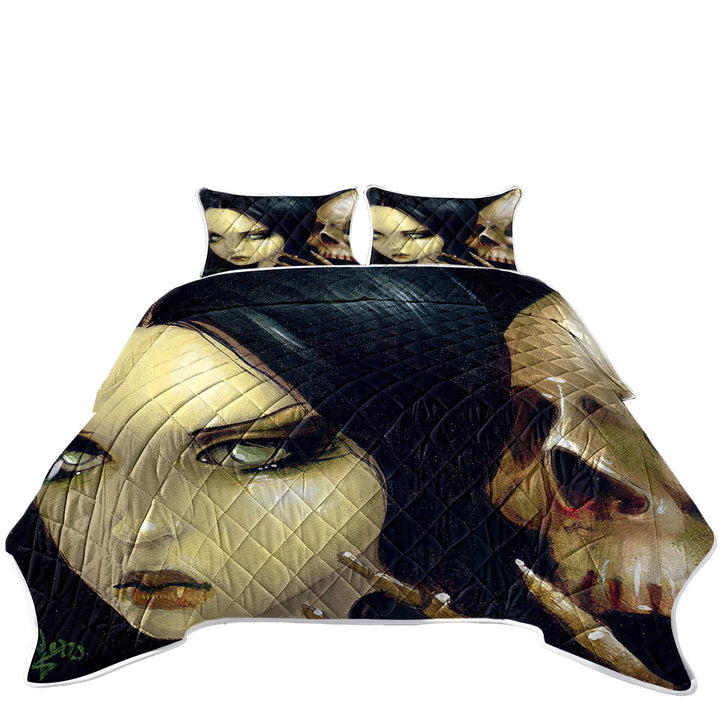 King Size Quilt Sets with Faces of Faery _103 Gothic Girl and Scary Skull