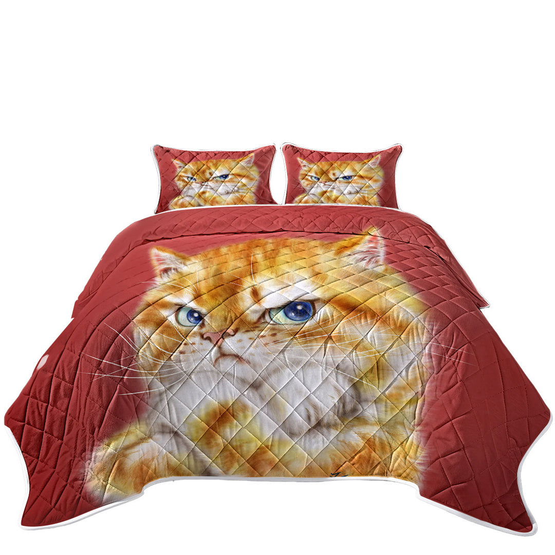 King Size Quilt Sets with Funny Cats Drawings Angry Cute Ginger Kitty
